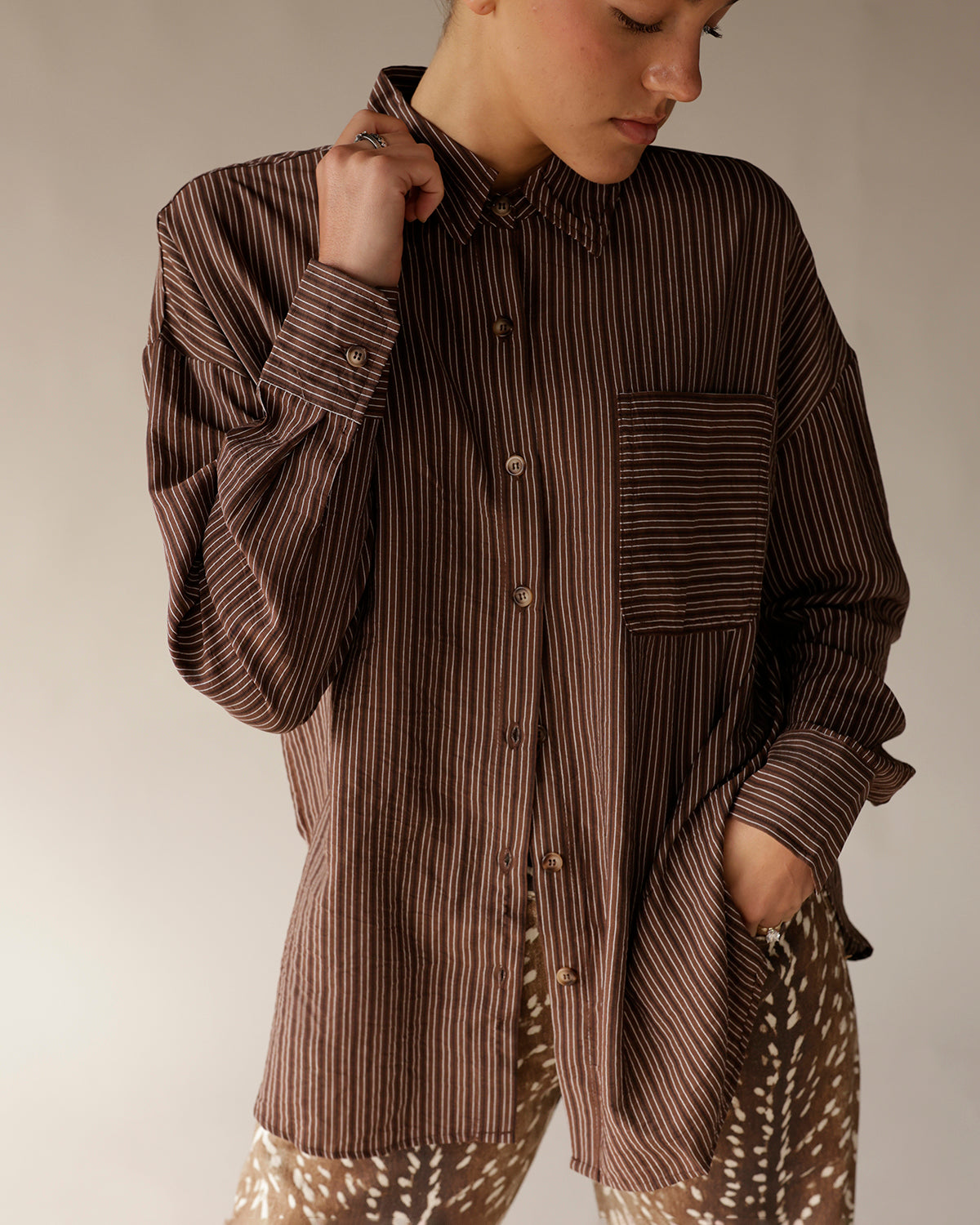 DOWN TO BUSINESS BROWN PLAID BUTTON UP