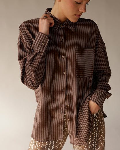 DOWN TO BUSINESS BROWN PLAID BUTTON UP