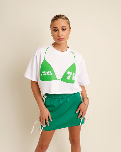 green bikini print "we are marshall, 78" white cropped tee 