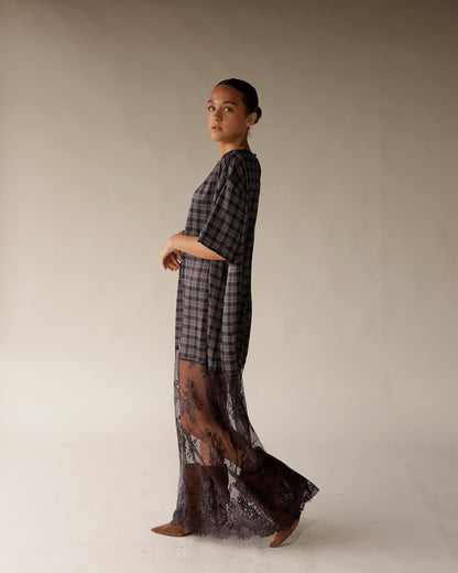 CRYSTAL PLAID LACE MAXI DRESS