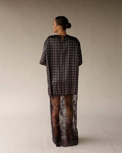 CRYSTAL PLAID LACE MAXI DRESS