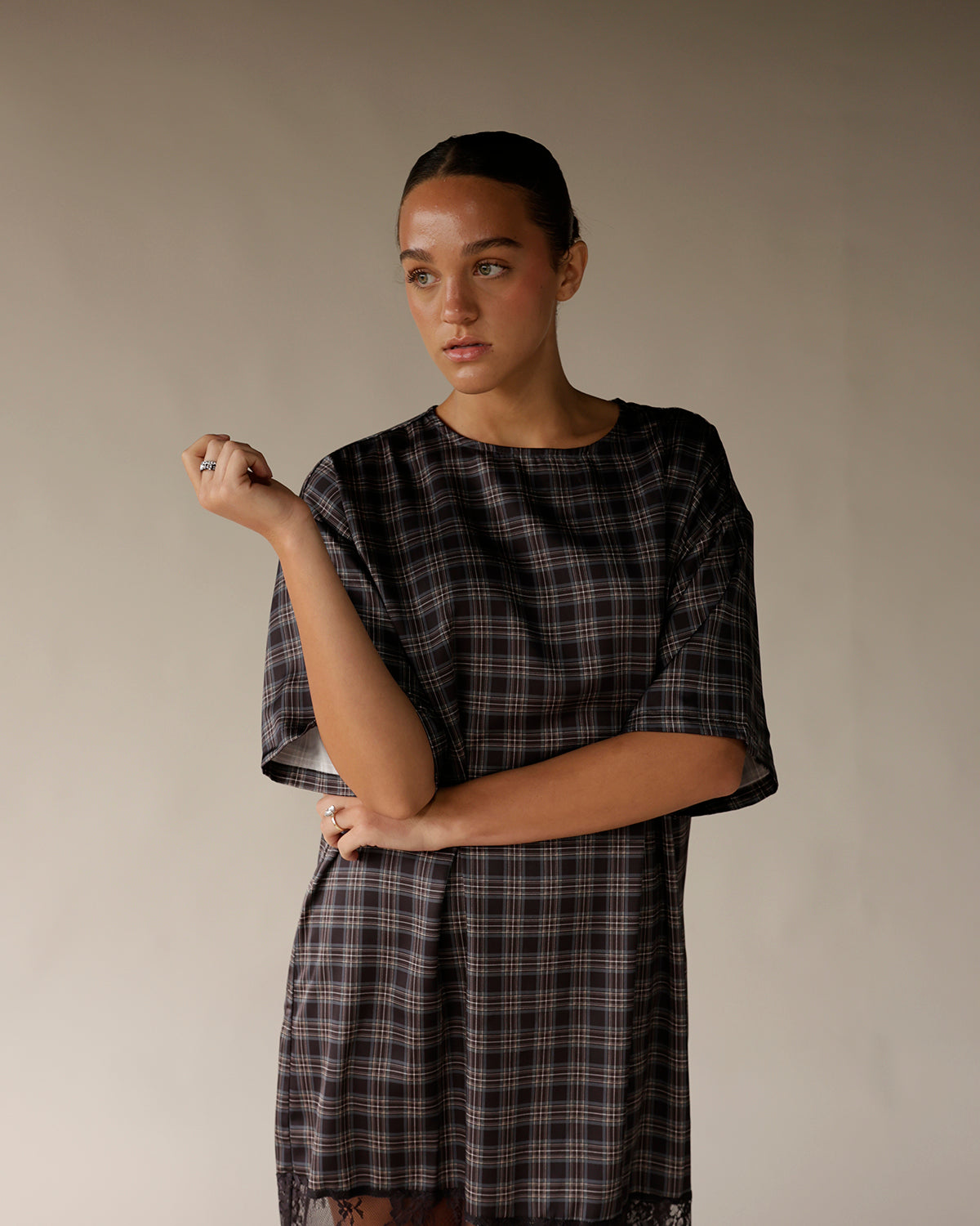 CRYSTAL PLAID LACE MAXI DRESS