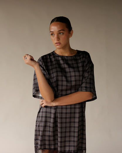 CRYSTAL PLAID LACE MAXI DRESS