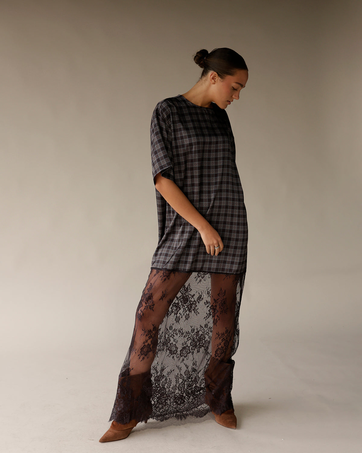 CRYSTAL PLAID LACE MAXI DRESS