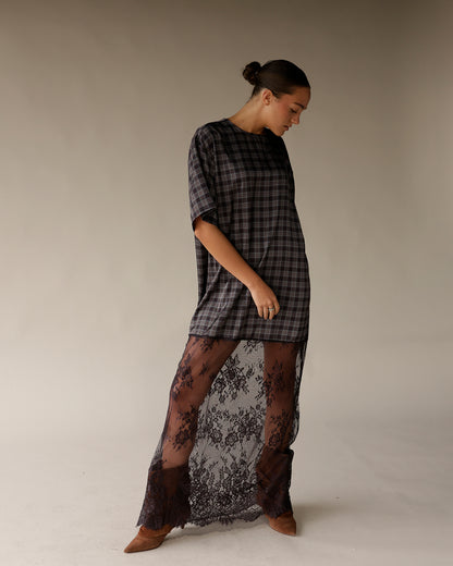 CRYSTAL PLAID LACE MAXI DRESS