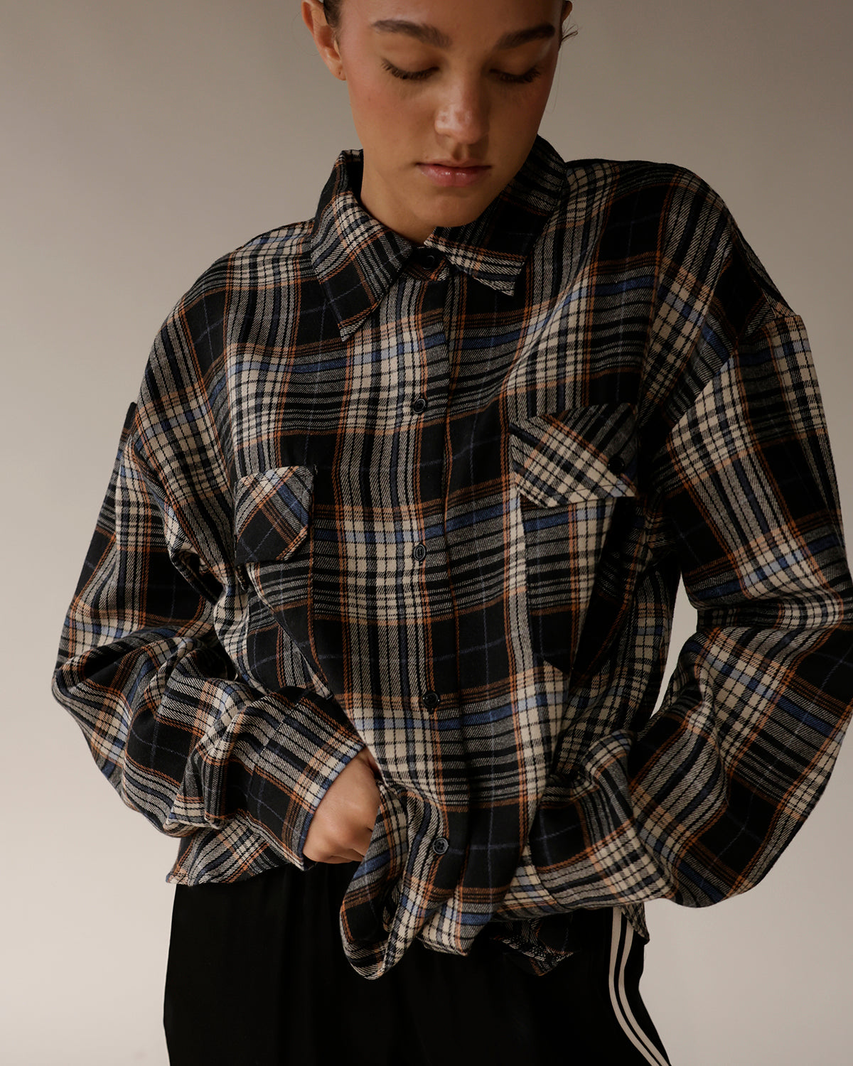FOMO PLAID BUTTON UP X BLACK