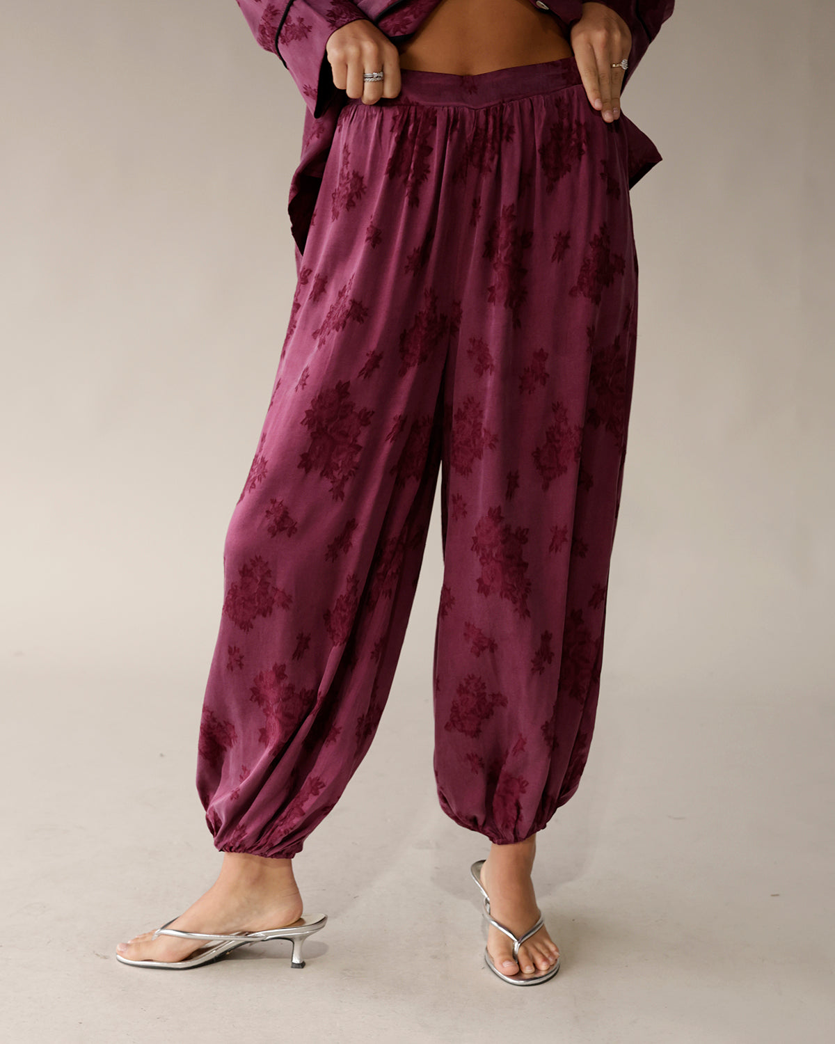 balloon pants, silky pants, elevated pants for fall, burgundy floral balloon pants, date night outfit 