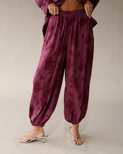 balloon pants, silky pants, elevated pants for fall, burgundy floral balloon pants, date night outfit 