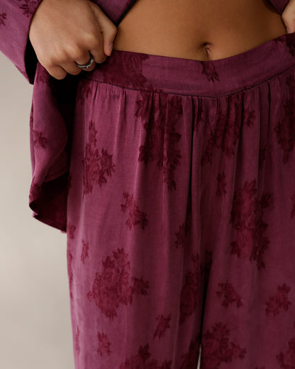 BERRY FLORAL SILK BALLOON PANTS