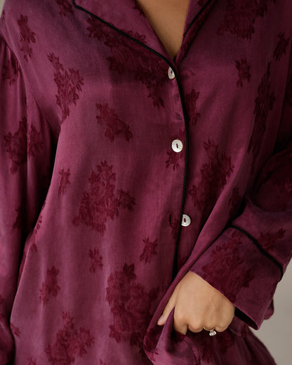 BERRY FLORAL SILK BUTTON UP