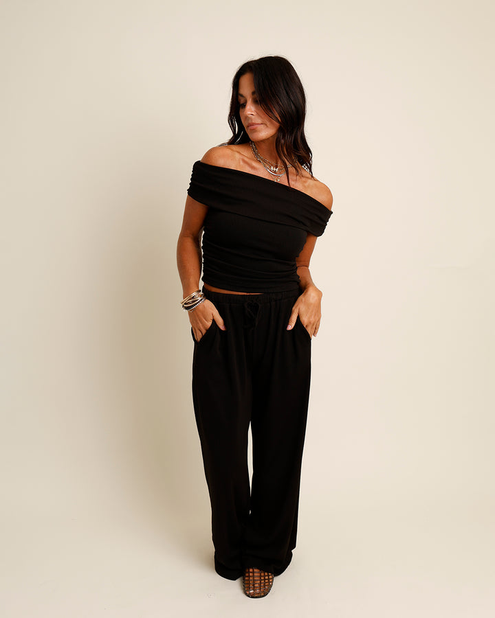 black off the shoulder top and pants set 