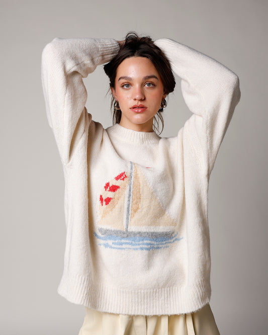 cream sail boat graphic sweater women's sweaters