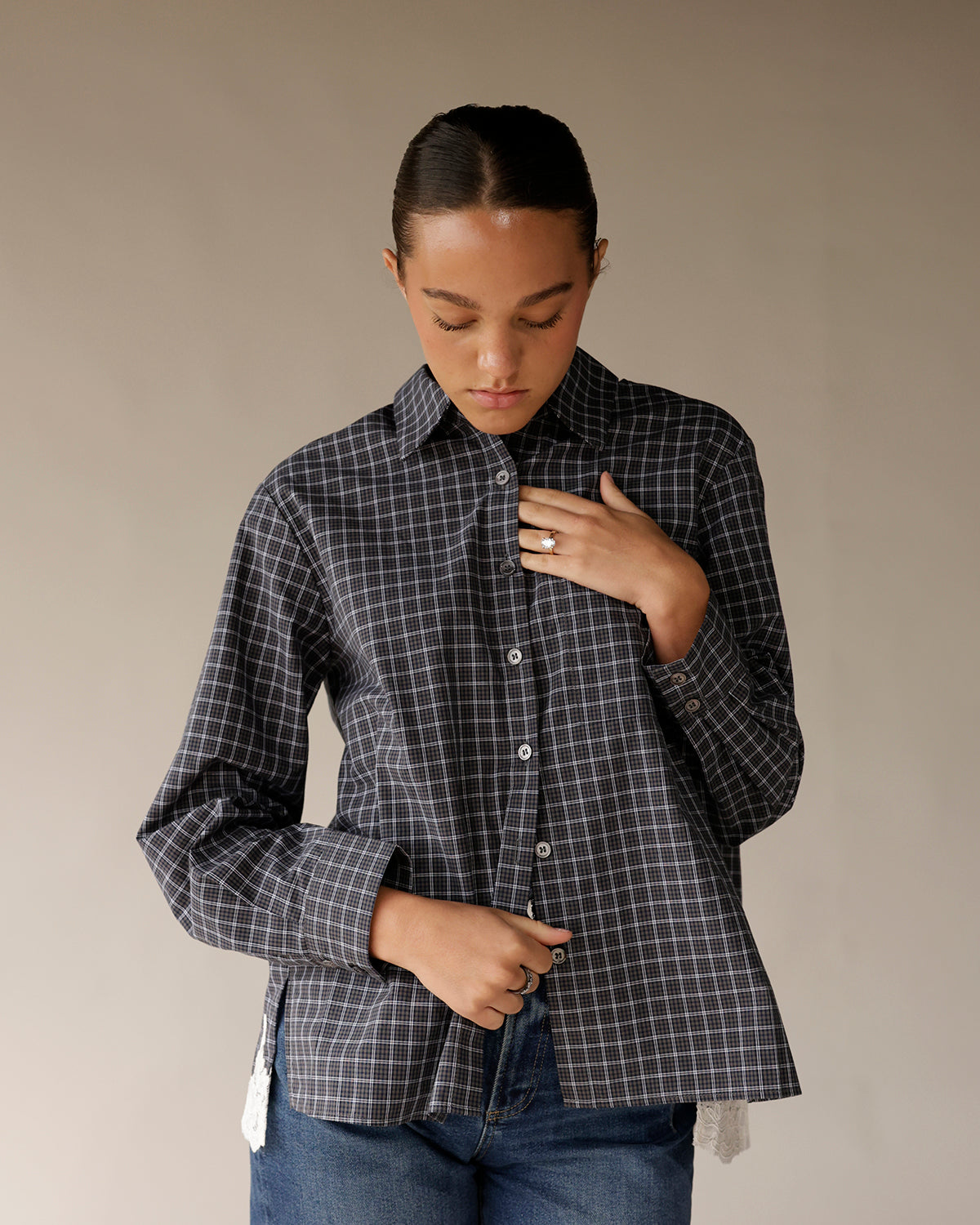 plaid button up, relaxed fit button up, lace detailed top