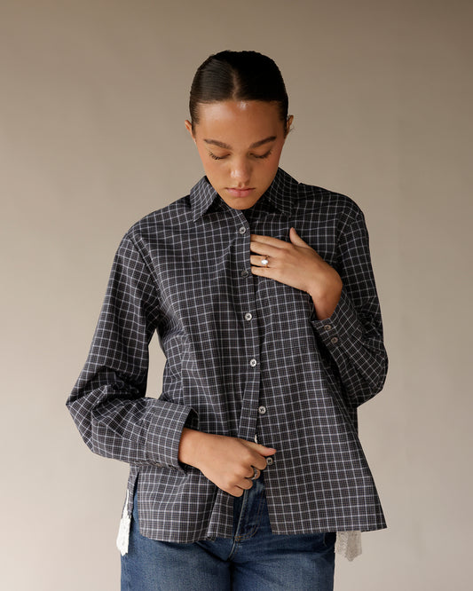 plaid button up, relaxed fit button up, lace detailed top