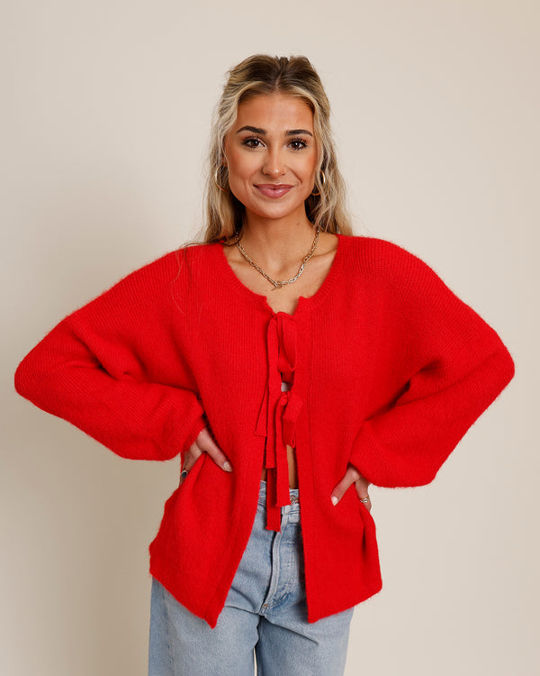 oversized red sweater with tie front bows