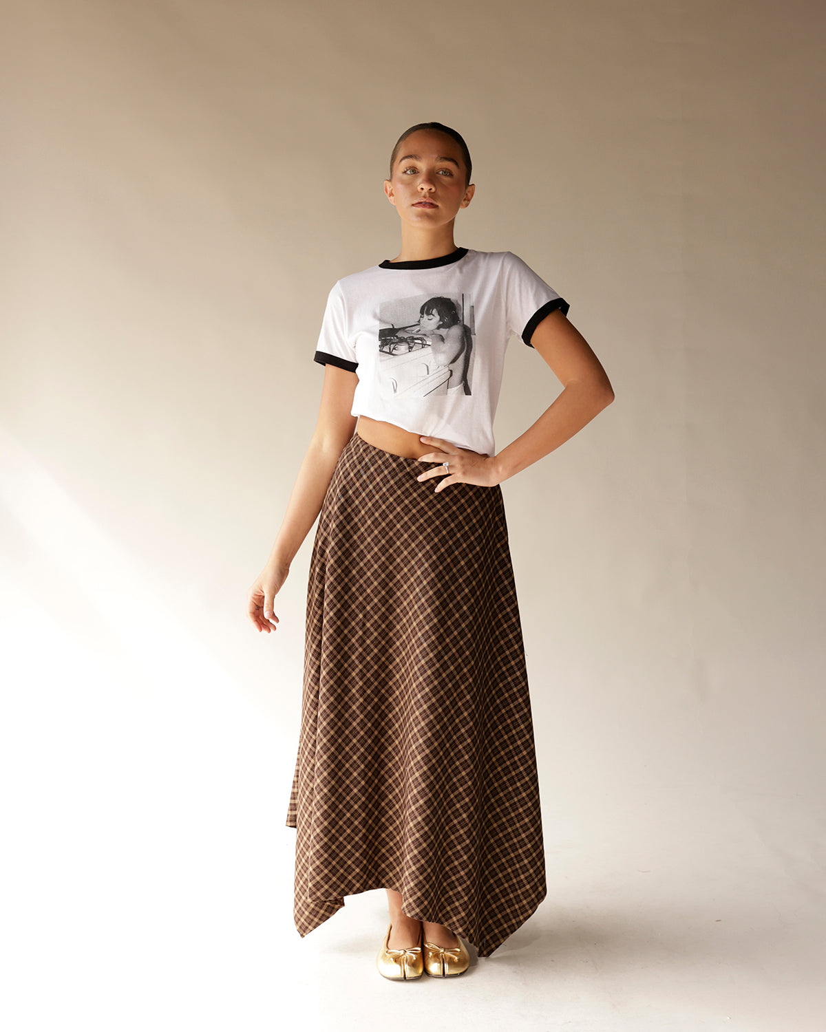 MOONRIVER PLAID BROWN FLOWY SKIRT