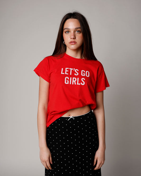 red 'let's go girls' graphic tee graphic short sleeve tee daydreamer lets go girls shania red graphic tee