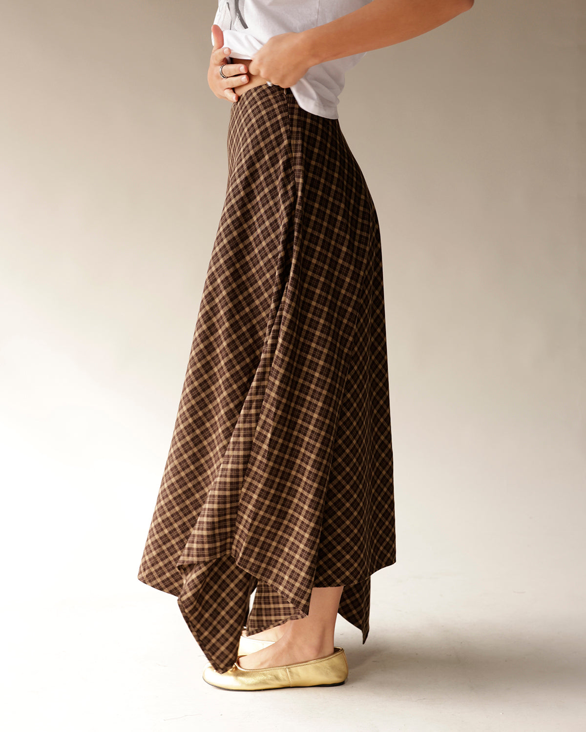 MOONRIVER PLAID BROWN FLOWY SKIRT