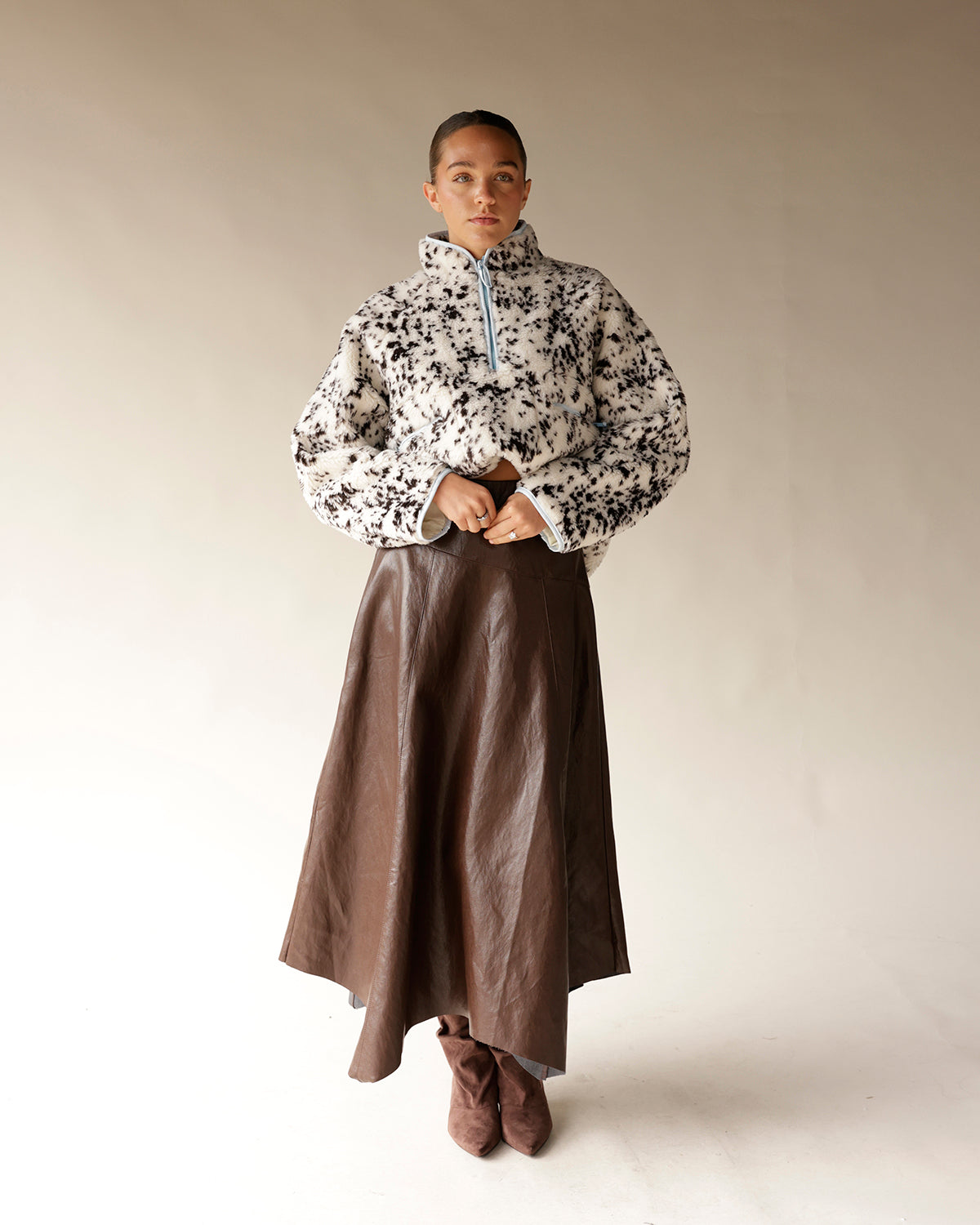 MOONRIVER LEATHER FLOWY MIDI SKIRT