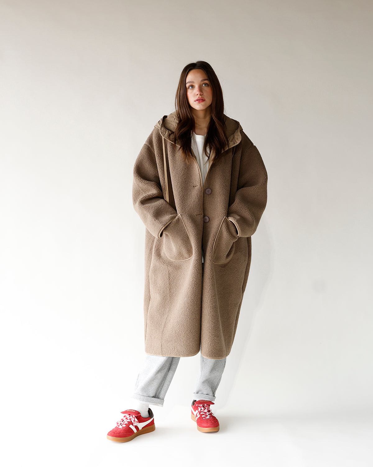 long hooded coat casual long coat everyday warm stylish coat Sherpa coat elevated long coat comfy long coat 