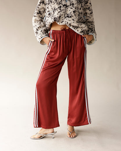 satin track pants wide leg track pants elevated track pants red track pants
