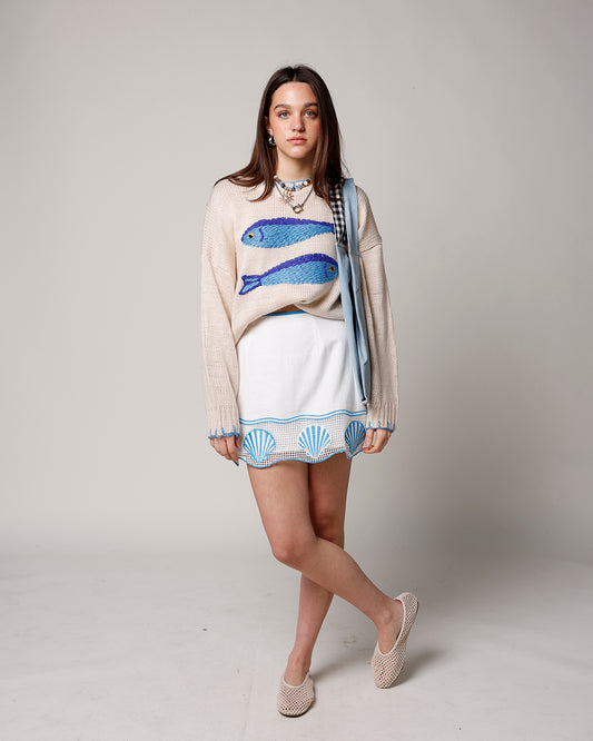 taupe sweater with blue knit fish design women's fish sweater