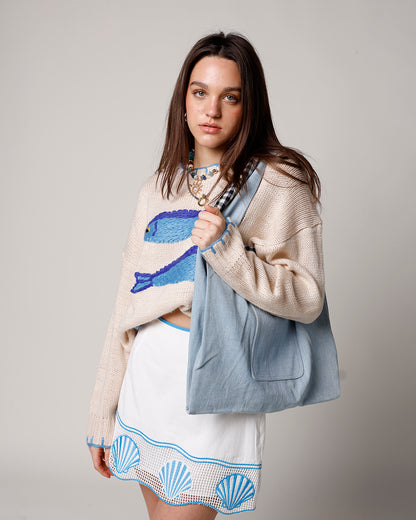 blue denim shoulder bag with gingham print lining