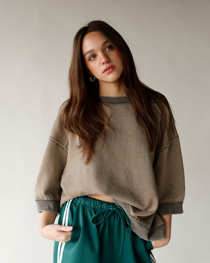 brown oversized crewneck sweatshirt 3/4 sleeves sweatshirt free people brown everything sweatshirt
