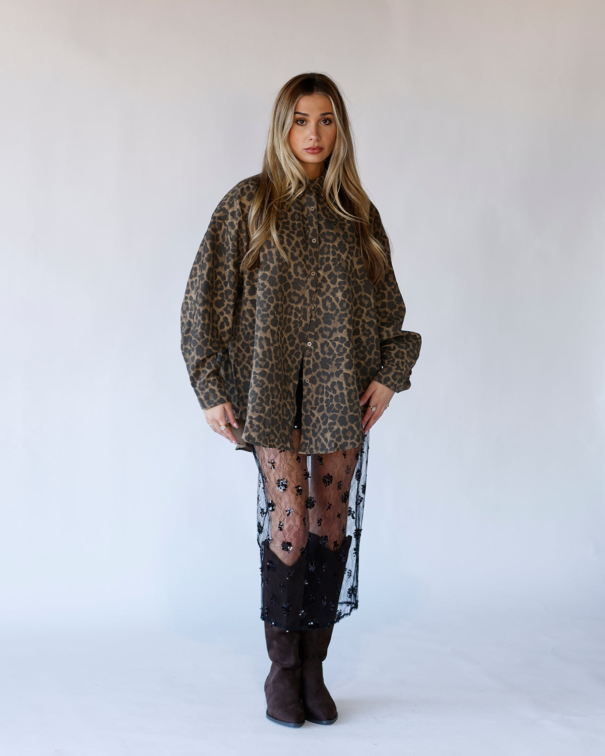 HEAR ME ROAR OVERSIZED LEOPARD BUTTON UP