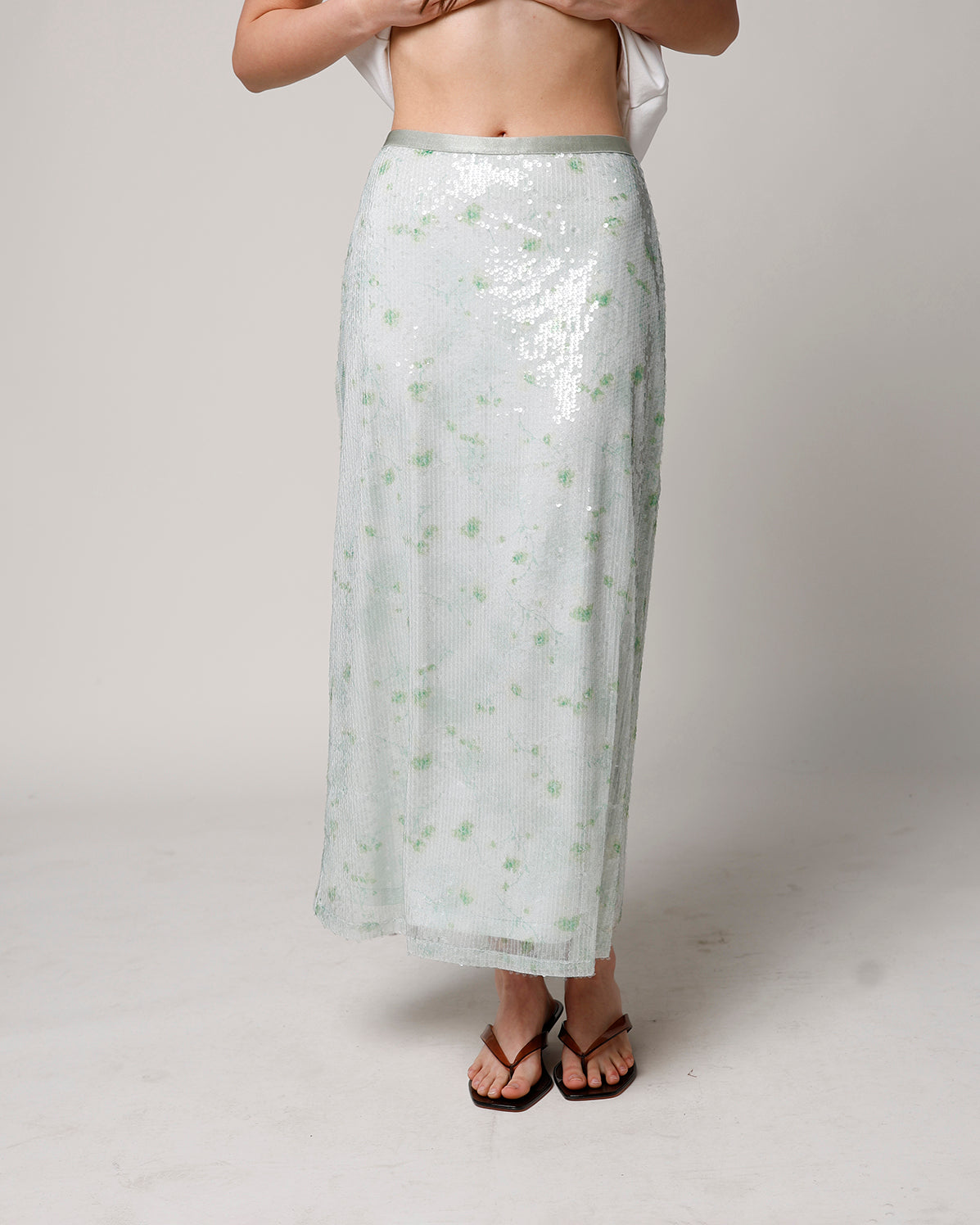 GREEN GARDEN SEQUIN MIDI SKIRT