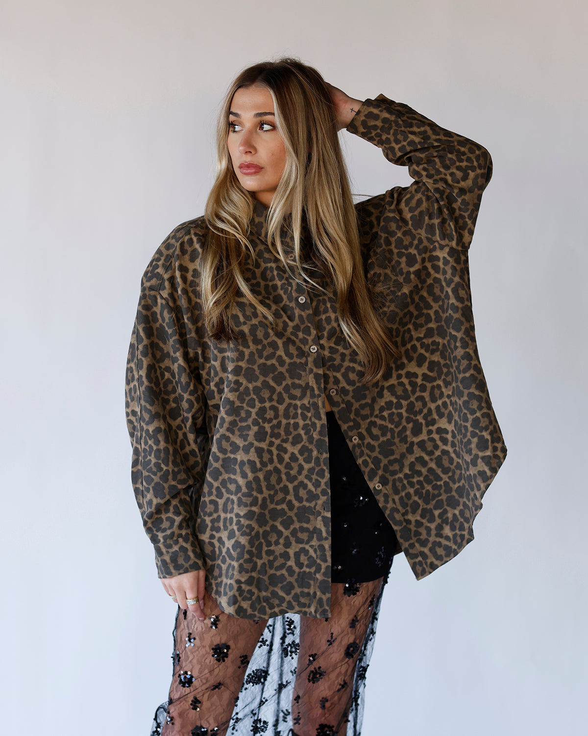 HEAR ME ROAR OVERSIZED LEOPARD BUTTON UP