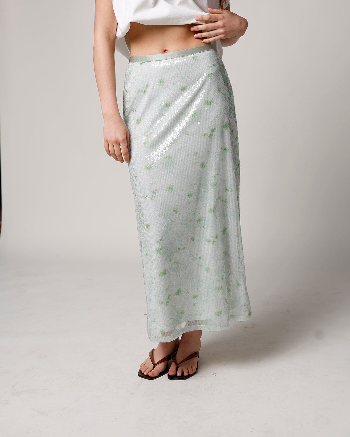 GREEN GARDEN SEQUIN MIDI SKIRT