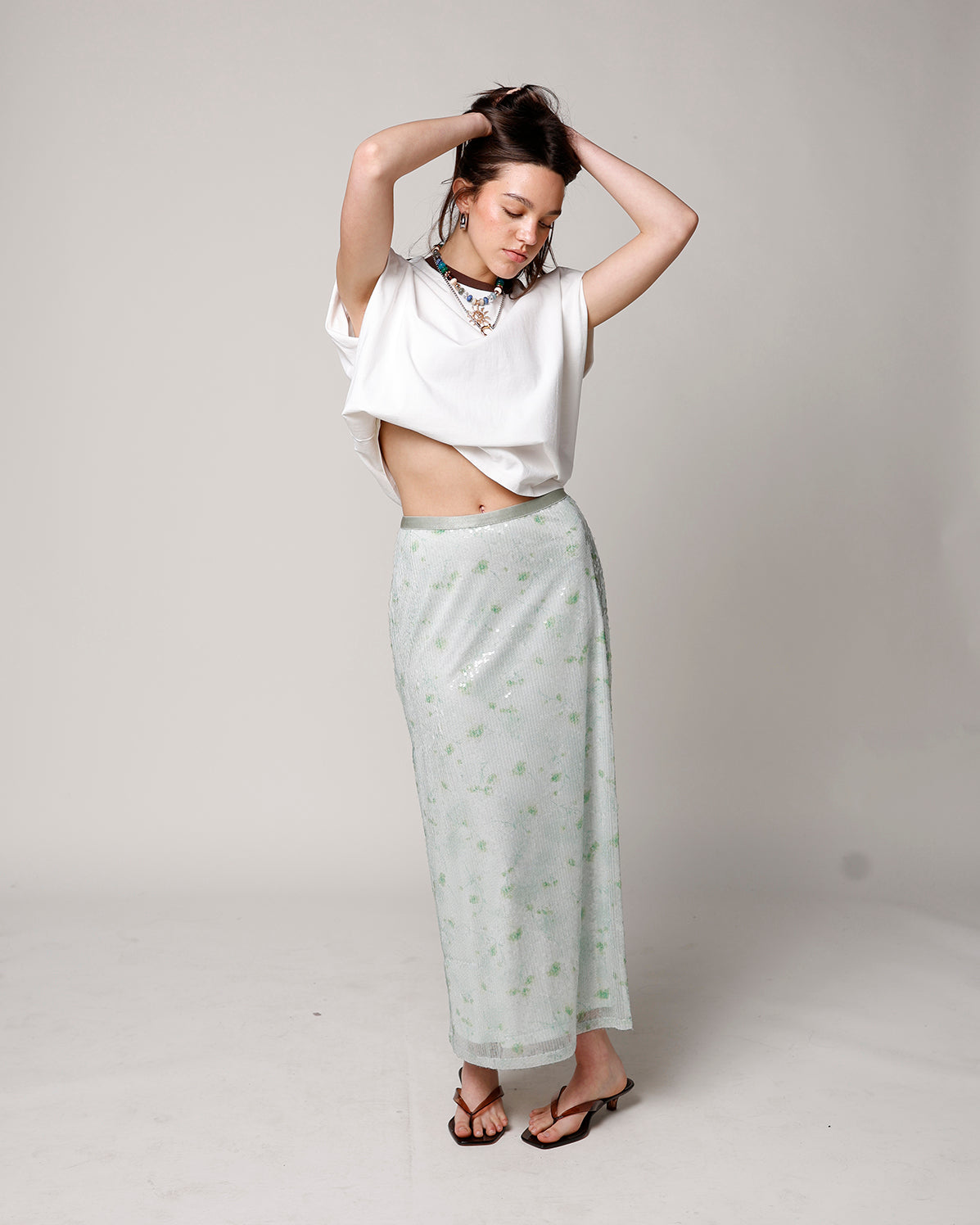 GREEN GARDEN SEQUIN MIDI SKIRT