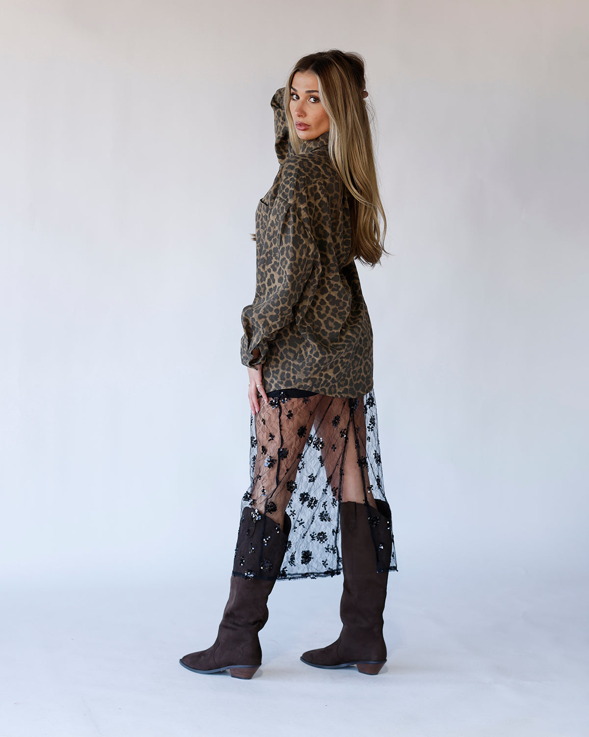 HEAR ME ROAR OVERSIZED LEOPARD BUTTON UP