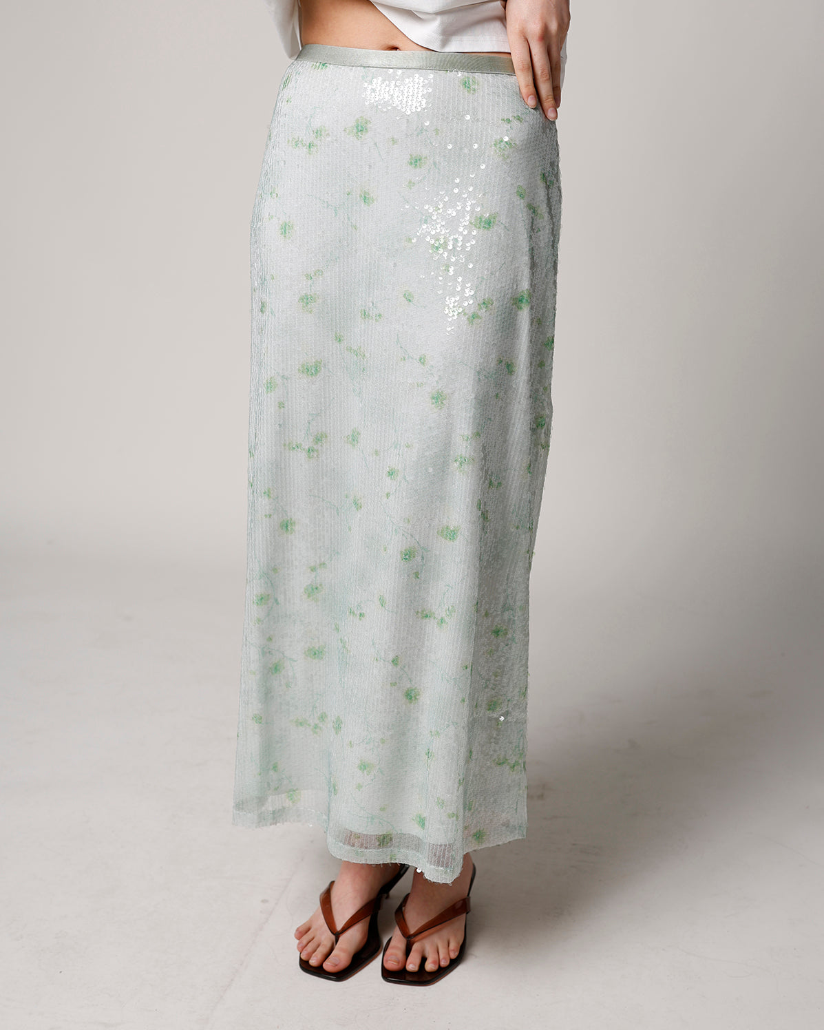 GREEN GARDEN SEQUIN MIDI SKIRT