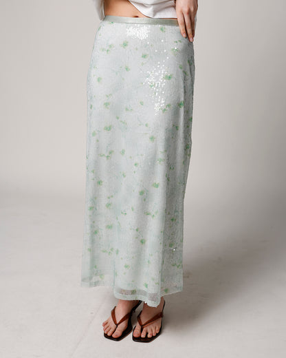GREEN GARDEN SEQUIN MIDI SKIRT