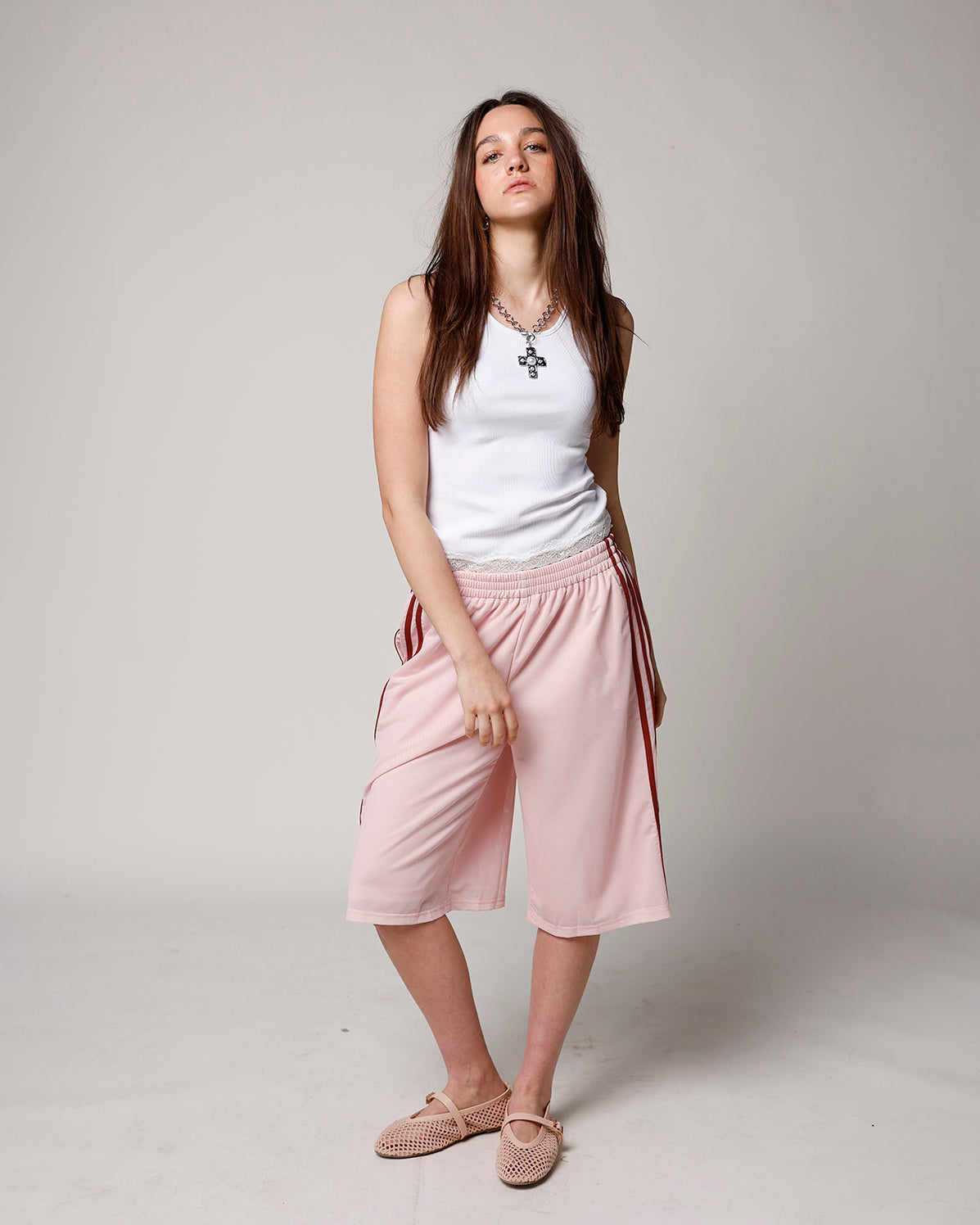 BLUSH LONGLINE MESH TRACK SHORT