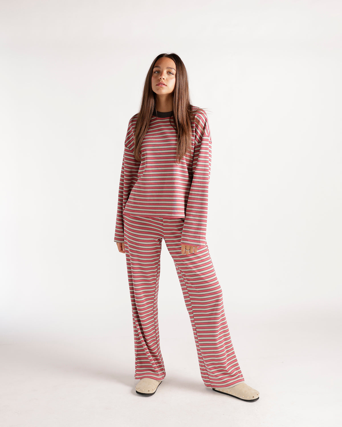 Pink striped wide-leg lounge pants with retro horizontal stripe pattern