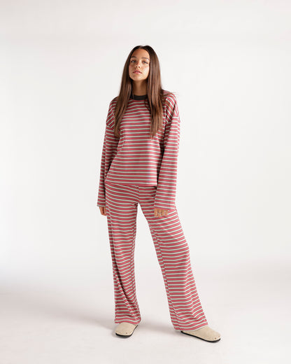 Pink striped wide-leg lounge pants with retro horizontal stripe pattern