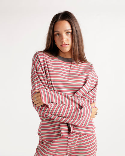 Pink striped long sleeve top with white and gray stripes, relaxed fit