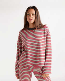 Oversized long sleeve top in pink, gray, and white horizontal stripes with ribbed collar