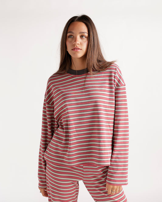 Oversized long sleeve top in pink, gray, and white horizontal stripes with ribbed collar
