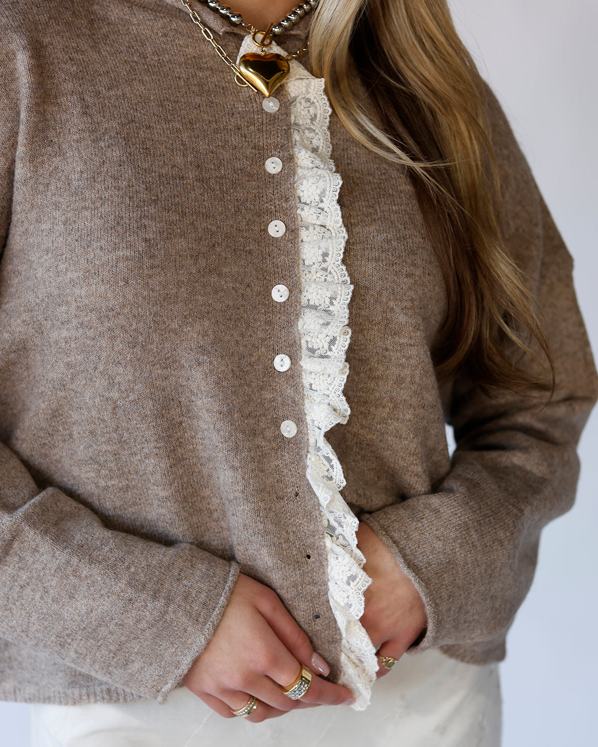 LACE TRIM CARDIGAN X OATMEAL