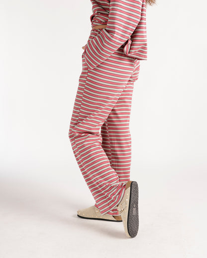 Pink and cream striped wide-leg lounge pants with matching long-sleeve top