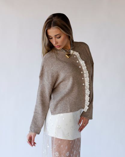 LACE TRIM CARDIGAN X OATMEAL