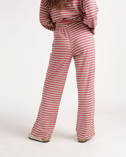 Pink multistripe wide-leg lounge pants with elastic waistband, back view