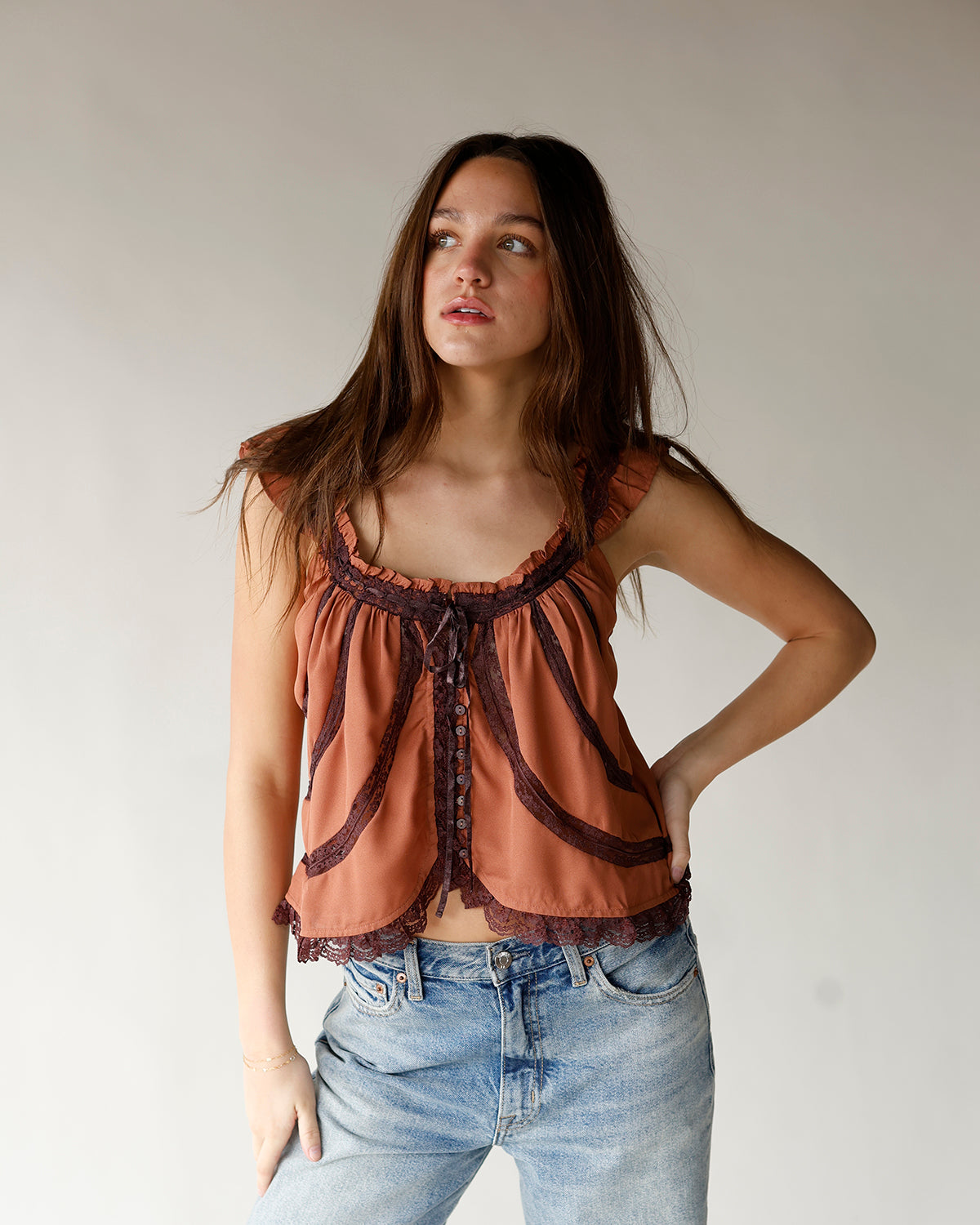 burnt orange and brown lace detail tank top button front lace top free people lace tank top