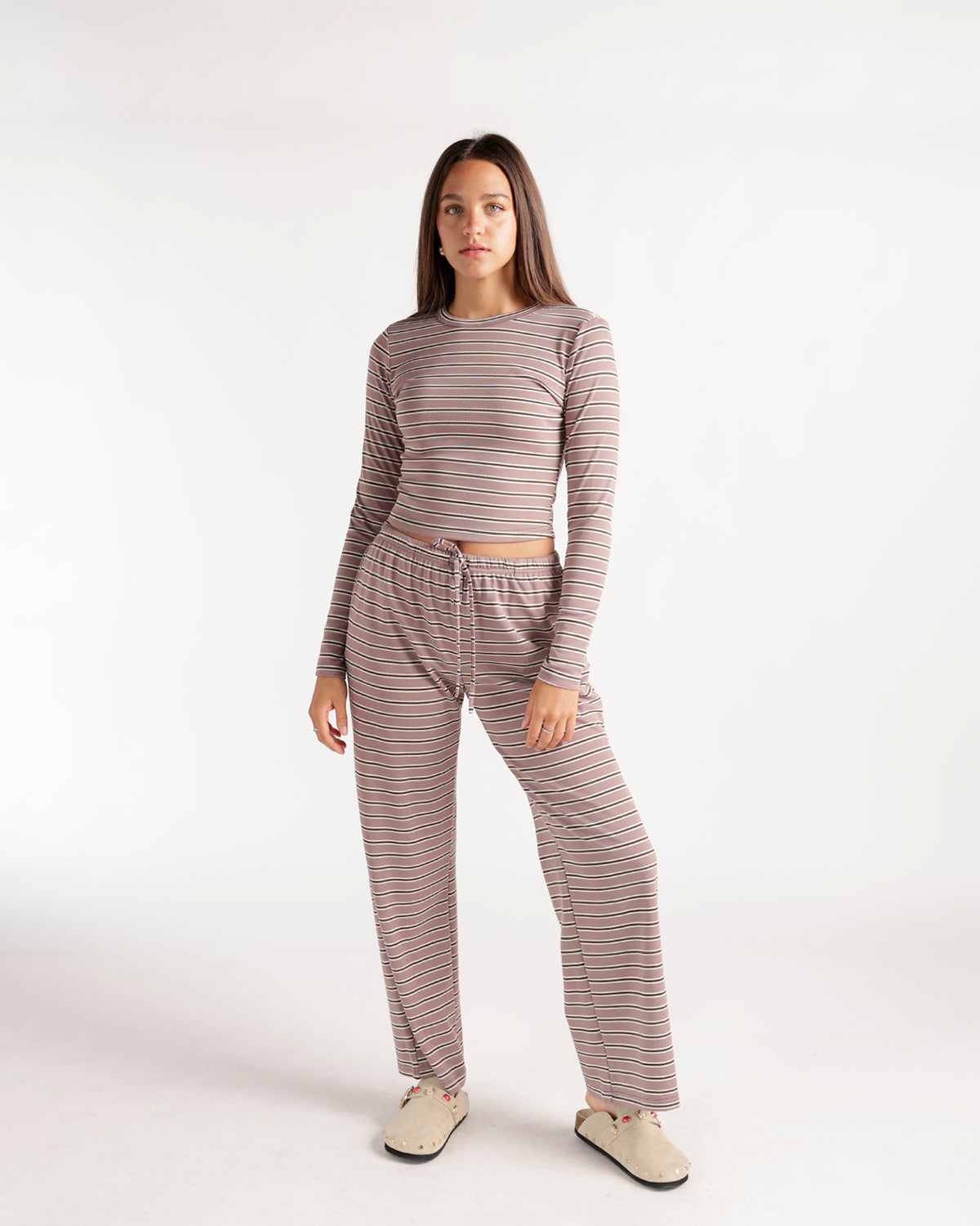 Mauve striped wide-leg lounge pants with drawstring waist, full length