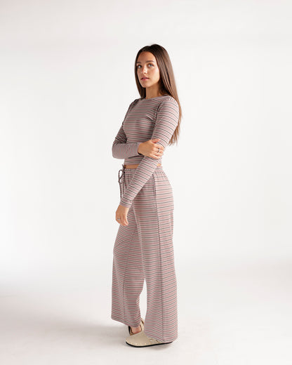 Wide-leg lounge pants in mauve striped fabric with drawstring waist
