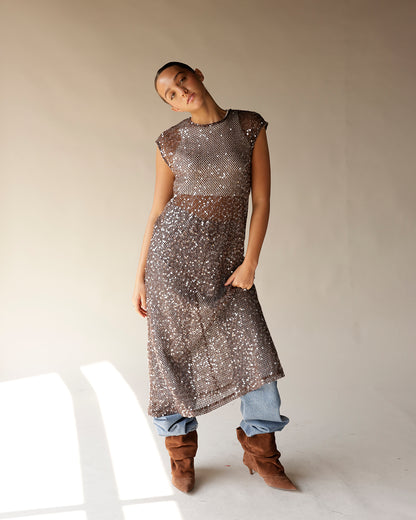 TINA SEQUIN MAXI DRESS X BROWN